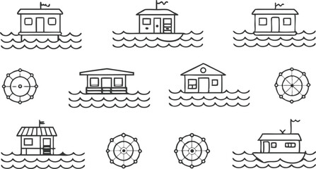 Floating Houses, Water Wheels, Boats Lakeside Living Illustrations