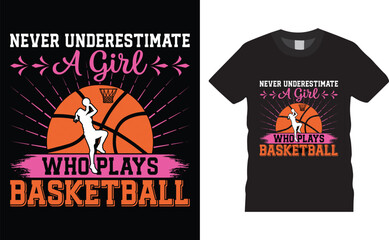 Never underestimate a girl who plays basketball, Basketball typography vector t-shirt design.