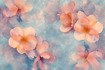 Image depicting multiple pale pink flowers on a textured blue-green background. The flowers are realistically rendered with painterly brushstrokes, and appear soft and delicate.