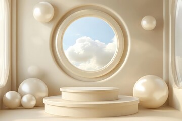 A minimalist 3D rendering showcasing a two-tiered cream-colored podium, surrounded by pearl-like spheres against a beige backdrop. A circular window displays a partly cloudy sky.