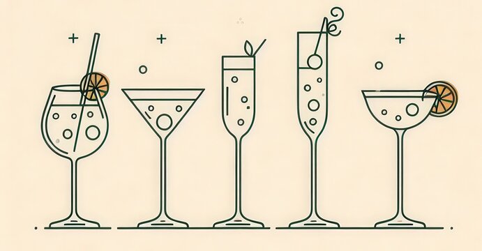 cocktail icons set bundle, white light yellow background, set of silhouette cocktails for menu bar restaurant icons, margarita, martini, gin tonic, mojito, whiskey on rocks, old fashioned, garnish