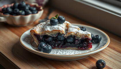 Homemade Blueberry Pie Slice with Powdered Sugar and Fresh Berries