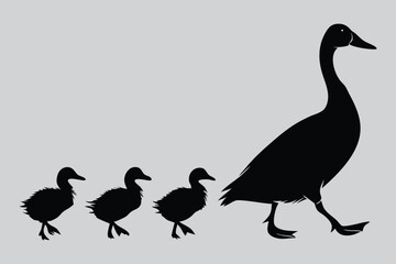 A  duck family walking in a row  image silhouette vector art and illustration
