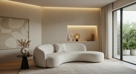 Fototapeta premium Serene sanctuary: A curving cream sofa invites relaxation in a sun-drenched minimalist living room with warm neutral tones and natural light.