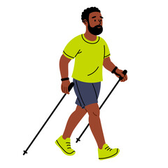 Fototapeta premium Man doing Nordic walking with trekking poles. Concept of endurance, low-impact cardio, and healthy routine. Flat vector illustration.