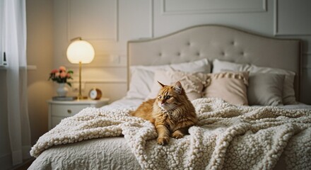 Elegant cat lying on a luxurious bed with a fluffy blanket, cozy and aesthetic room, peaceful mood, soft lighting, lifestyle interior scene