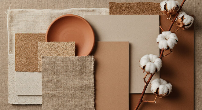 Earthy tones and textures celebrating natural simplicity with a cotton branch, terracotta dish, and various fabrics in soft neutral lighting.