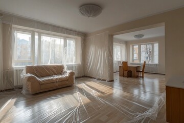 A spacious apartment features a living area and dining space. Sunlight flows through large windows, illuminating the furniture covered in plastic for protection during renovations