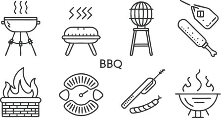 BBQ Grill Icons Charcoal, Smoker, Fire, Sausage, Tools