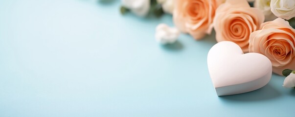 Peach Roses and White Heart Box on Light Blue Background Romantic Valentine s Day or Wedding Concept