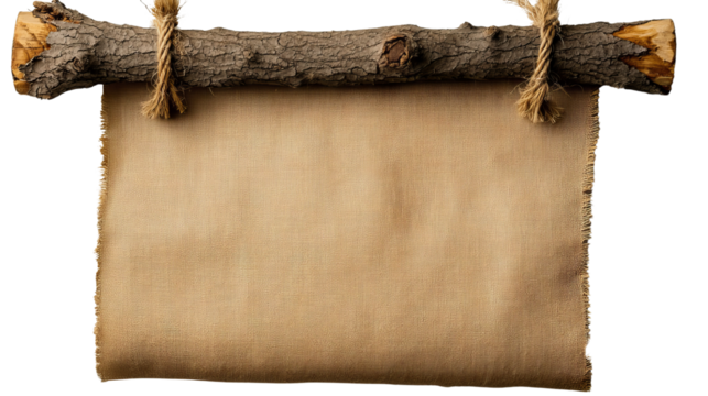 PNG of A rustic wooden sign hanging from a bark-covered branch, perfect for displaying messages or decorations.