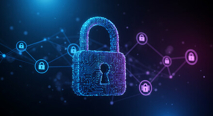 Cybersecurity concept with digital padlock, neural network background and AI icons
