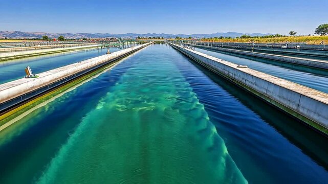 Long rows of clear aquamarine water channels under a bright blue sky