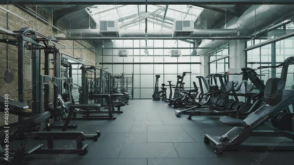 Poster gym interior with various exercise machines and free weights.
