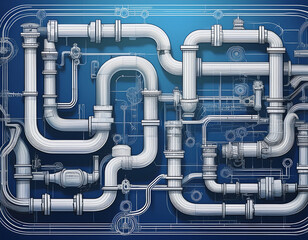 white plumbing pipes and connections blueprint on blue background generative ai