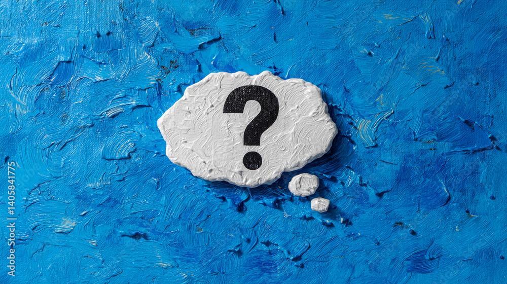 Poster white thought bubble with black question mark on blue textured background, representing inquiry, unc