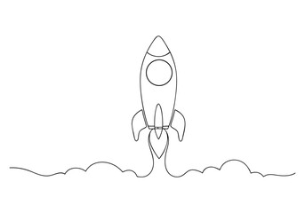 Minimalist black and white continuous line drawing of a rocket with sleek contours and abstract propulsion trail

