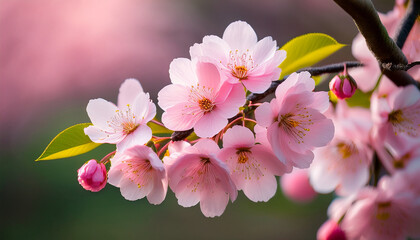 Obraz premium delicate pink cherry blossoms in full bloom on a branch showcasing the beauty of spring with vibrant colors and fresh greenery
