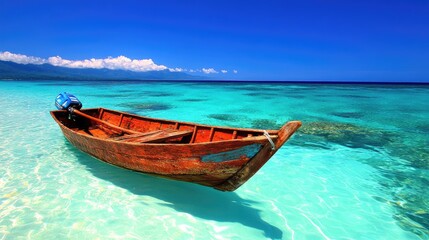 Naklejka premium Tranquil wooden boat on a pristine turquoise beach