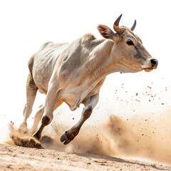 Fototapeta premium A Cow Kicking Up Dust as It Runs Excitedly, Its Hooves Thundering Across the Ground