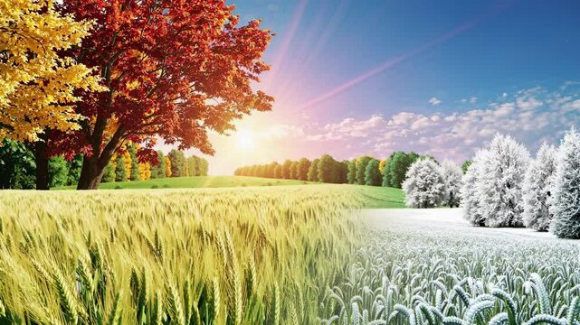 Split-screen video concept showing seasonal change from summer to winter in a landscape. Low-angle view highlights vibrant colors and textures. Live desktop wallpaper.
