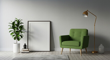 Serene sanctuary: A calming green armchair awaits amidst minimalist decor and soft natural light, complemented by a blank canvas and verdant plant.