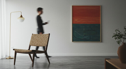 Fototapeta premium A thoughtfully designed woven chair rests serenely in a minimalist modern living space, bathed in soft, natural light against a backdrop of abstract art.