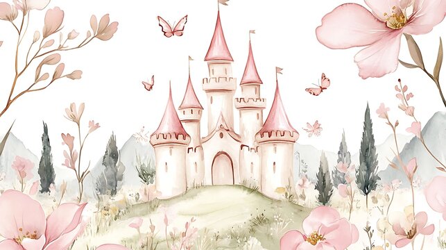 Royal fantasy castle princess charm watercolor pink dream magic childhood illustration fairy tale