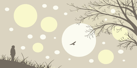 Peaceful Night Scene with Bare Tree, Child, and Bird 