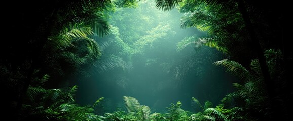 Fototapeta premium Lush, green jungle canopy under a soft, bright, diffused light, dense with foliage