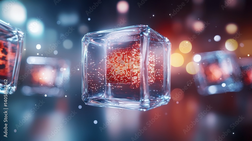 Poster dynamic abstract animation of glass cubes with digital data cyber environment 3d graphics futuristic