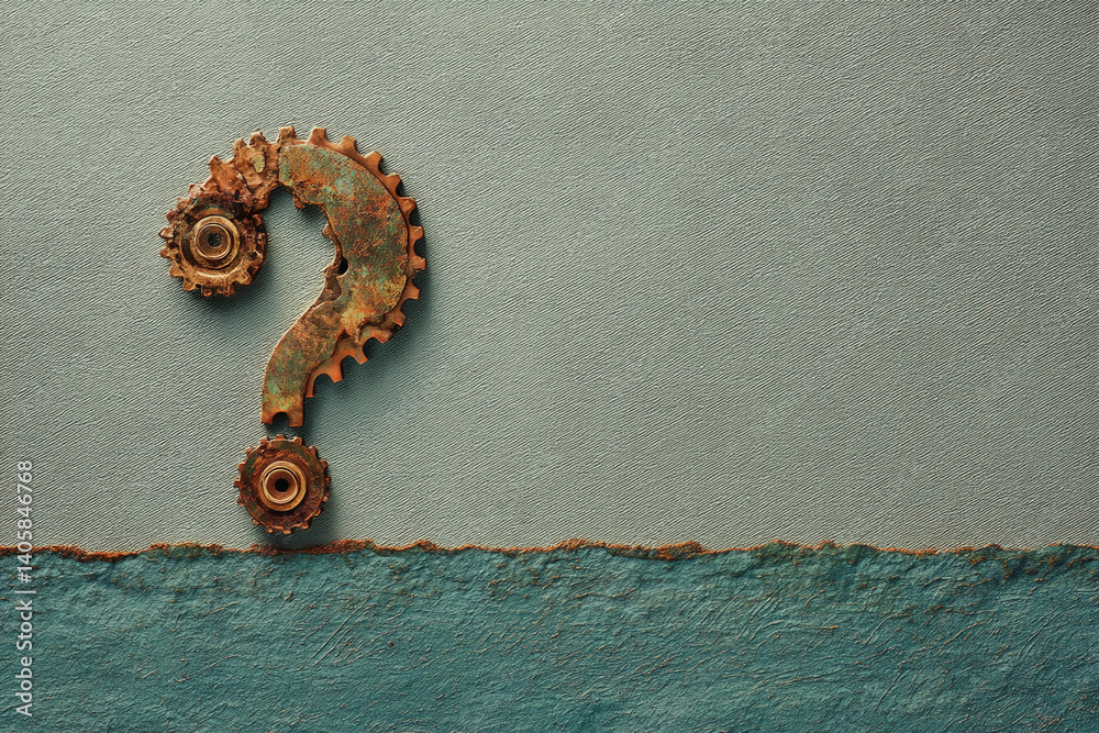 Poster Rusty gears forming a question mark on textured background, suggesting problem-solving, uncertainty, or industrial design concept Free space for text