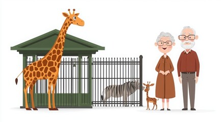Cartoon Grandparents at Zoo Admiring Giraffe, Zebra, and Baby Giraffe Enclosure with Green Roof and Fenced Exhibit