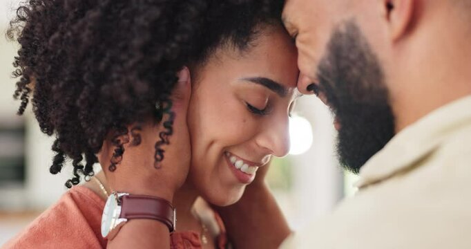 Hug, forehead touch and couple with happiness and love, trust for commitment and security in relationship. People with smile, embrace or affection for bonding with loyalty and respect in marriage