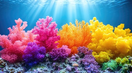Obraz premium Colorful coral reef ecosystem under blue ocean with light rays shining through the water