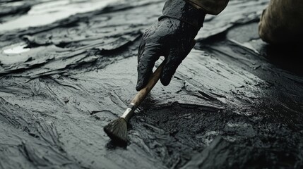 Obraz premium Roofing worker applying tar to seal a roof. Featuring expertise and focus