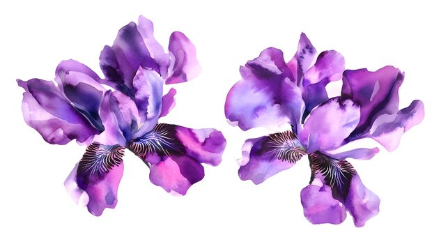 Watercolor isolated purple iris flowers, ideal for botanical-themed designs.