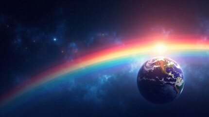 Fototapeta premium Global love day celebration earth and rainbow digital art cosmic environment inspirational viewpoint