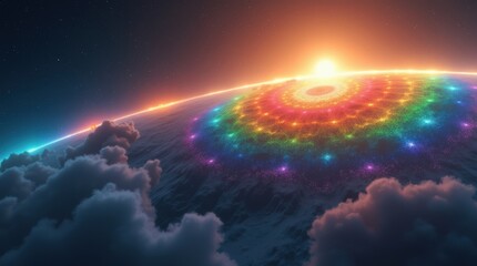 Fototapeta premium Global love day celebration earth view vibrant rainbow patterns cosmic landscape aesthetic perspective