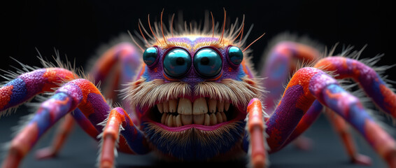 Extreme Close-Up of a Fantastical Jumping Spider Exhibiting Intense Colors and Textured Exoskeleton..