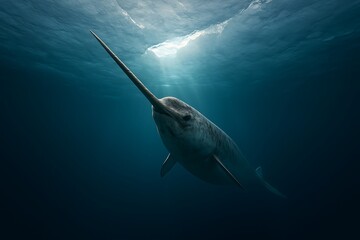 Narwhal swimming in arctic ocean with long spiral tusk beneath icy surface