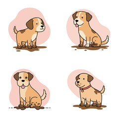 Playful dog with muddy paws in four adorable poses on a light background. A set of four vector images