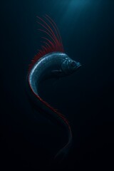 Oarfish with long slender body and red dorsal fins swimming in deep ocean