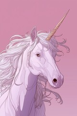 A white unicorn with a pointed horn is standing in front of a pink background. The unicorn's hair is long and flowing, giving it a majestic and ethereal appearance