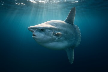 Ocean sunfish Mola mola swimming near sunlit surface of open ocean in photorealistic scene