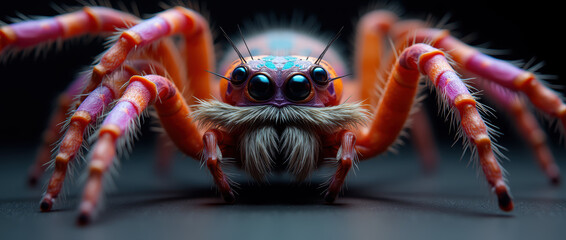 Extreme Close-Up of a Fantastical Jumping Spider Exhibiting Intense Colors and Textured Exoskeleton..
