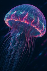 Glowing neon jellyfish floating gracefully through dark ocean in surreal photorealistic scene