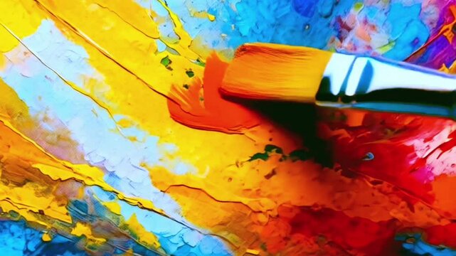 An artist stroking his colored paint brush on a canvas, finishing his colorful abstract painting