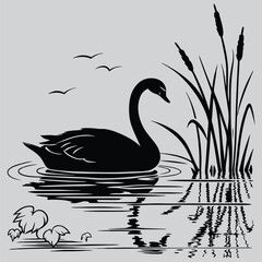 A  goose floating in a pond image silhouette vector art and illustration