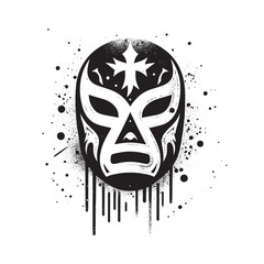 Dramatic monochrome stencil illustration of a wrestling mask with spray drips